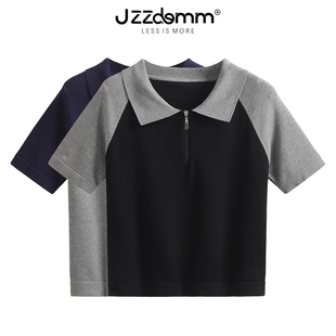 JZZDEMM袖子拼色时尚设计感针织短袖t恤女学院风拉链翻领polo上衣
