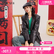 三福外套2024春季西装领做旧皮衣夹克时尚，宽松上衣女装480938