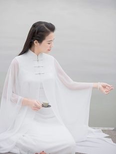 2023春夏女装中式中国风，立领旗袍披风白色，禅意连衣裙茶服禅服