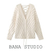 BANA外贸西班牙ZA慵懒风绑带镂空白色V领中长款毛衣开衫针织外套