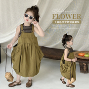 女童工装风背带裙套装夏装2024韩版洋气儿童短袖吊带裙两件套
