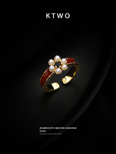 滴釉珍珠开口戒指女复古时尚小众设计高级感k金色食指戒环宫廷风