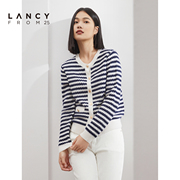 LANCY/朗姿春季黑白条纹撞色针织衫女显瘦气质羊毛开衫外套女