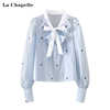 拉夏贝尔/La Chapelle蓝色条纹甜美气质系带蕾丝印花长袖衬衫女春