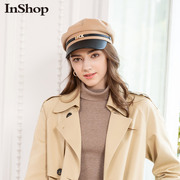 商场同款INSHOP冬装新款女装pu皮撞色平顶帽子女帽