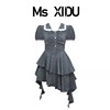 msxidu茶歇法式娃娃领格子连衣裙，女夏不规则，设计收腰拖尾蛋糕裙