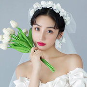 韩式新娘头饰森系手工珍珠花朵，发箍蝴蝶结头纱，婚纱礼旅拍服配饰品
