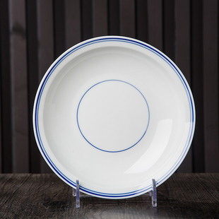 传统蓝边汤盘菜盘圆盘饭盘创意双线蓝边白瓷家用中式景德镇陶瓷盘