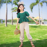女童夏季绿色短袖套装2024女大童休闲韩版两件套儿童夏天衣服