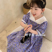 韩版儿童裙子夏季女童纯棉蕾丝拼接森系紫色小碎花连衣裙