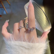 粉色蝴蝶结锆石戒指女小众设计感高级食指，戒开口可调节爱心指环