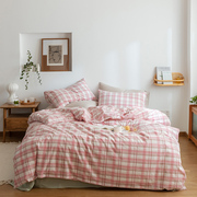 色织水洗全棉四件套粉红，格子白色纯棉，被套床单床笠1.21.51.8m2米