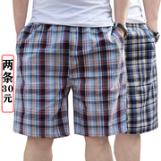 夏季纯棉沙滩裤男宽松休闲五分裤大码居家睡裤薄格子短裤外穿裤衩