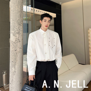 韩国版男装东大门23夏新发型师黑白纯色领带金属装饰宽松长袖衬衫