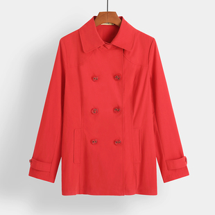 折扣女装风衣纯色英伦风气质，双排扣斜插袋通勤春秋红色外套