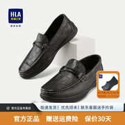 HLA/海澜之家休闲鞋2024圆头黑色格纹时尚羊皮质感透气男鞋