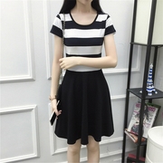 夏装连衣裙黑白条纹中长款短袖修身显瘦韩版女装连衣裙2024