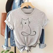 猫宠物爱心创意短袖休闲风印花上衣，圆领女学生薄款青年时尚t恤