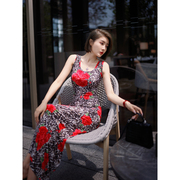 XULU原创针织印花复古豹纹玫瑰性感优雅小众气质无袖U型领连衣裙