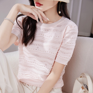24夏季薄款镂空纯色套头针织衫女士韩版圆领宽松显瘦短袖体恤上衣