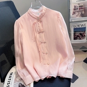 2023秋季国风新中式立领衬衫，女粉色盘扣，泡泡袖设计感雪纺上衣
