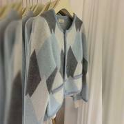 设计感慵懒风蓝色菱格毛衣今年流行漂亮洋气减龄上衣女士外套秋季