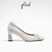 fed真皮法式单鞋春季女鞋，白色高跟鞋粗跟单鞋女d0224-zcb215