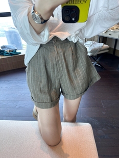 智研韩国东大门夏季高档大气棉麻竖条纹，显瘦阔腿卷边短裤
