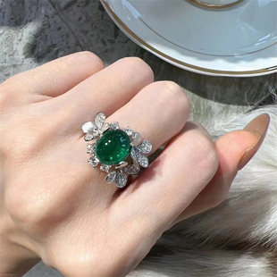欧美复古小众设计椭圆祖母，绿宝石花朵镶钻精致百搭高级感开口戒指