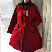 七坊秋冬可爱lolita蕾丝羊毛呢彼得潘娃娃(潘娃娃，)领红色保暖长袖大衣外套
