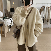 韩国羊羔毛外套(毛外套)女冬宽松显瘦设计感小众拼接棉衣加绒加厚毛绒大衣