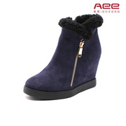 牛皮aee爱意，37-38短靴保暖加绒蓝紫色，毛毛拉链坡跟内增1614607018