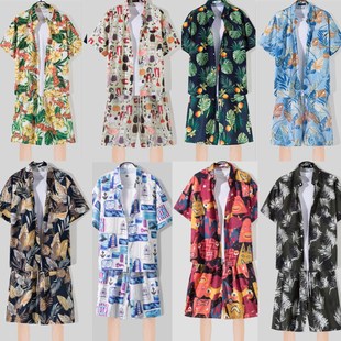 夏季沙滩套装男花衬衫时尚，休闲运动夏威夷情侣，海边旅游度假两件套