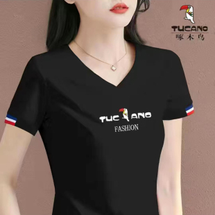 啄木鸟纯棉黑色短袖T恤女2024年夏季潮品牌高档v领体恤衫