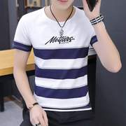 夏季短袖t恤男青少年条纹，韩版男士t恤中学生时尚上衣打底衫