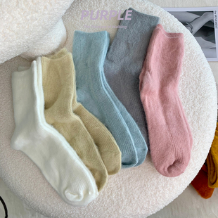 purpleguys毛绒保暖袜，子女空调屋日系纯色兔毛，居家地板中筒袜