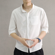 男士亚麻短袖衬衫夏天七分袖青年夏装韩版休闲棉麻料衬衣男装衣服