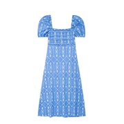 WMXZ夏季23方领高腰显瘦褶皱镂空刺绣蓝色短袖连衣长裙