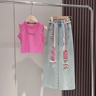 粉色牛仔裤女童背心套装，2023女大童韩范洋气，无袖上衣潮酷童装