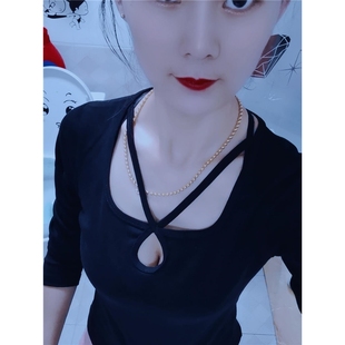 性感紧身黑色长袖t恤女士打底衫女学生韩版镂空交叉心机上衣