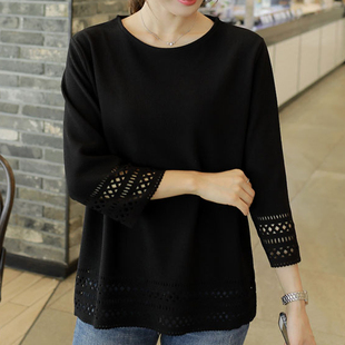 女式韩版夏天蕾丝雪纺，打底衫镂空中长款宽松大码黑色，短袖t恤上衣t