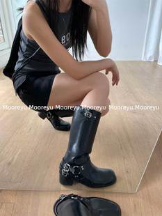mooreyu马丁靴高跟骑士靴秋季不过膝靴子长靴女英伦风棕色高筒靴