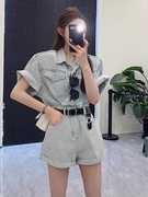韩系高级感短袖牛仔连体裤女2024年夏季高腰气质显瘦工装短裤