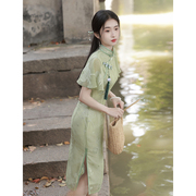 绿色旗袍改良年轻款少女，清新小个子夏季新中式日常高考送考连衣裙