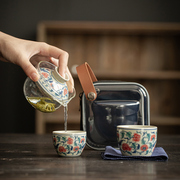 创意仿古青花一壶两杯旅游快客杯双人茶杯，陶瓷便携式旅行茶具套装