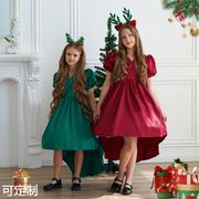 欧美圣诞节女童连衣裙儿童礼服拖尾裙姐妹装泡泡袖优雅连衣裙
