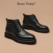 BeauToday布洛克雕花马丁靴男士厚底增高真皮高帮复古加绒短靴