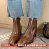 kmeizu法式复古短靴女秋冬真皮，方头粗跟拼接设计感中跟及踝裸单靴