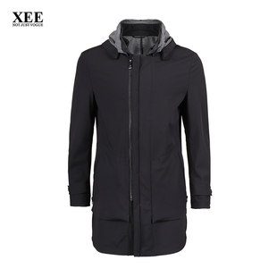 XEE商场同款 秋季男士黑色带帽中长款拉链风衣 都市时尚简约外套