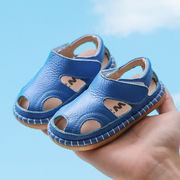 宝宝凉鞋软底0-3夏季男真皮包头学步鞋女童2岁婴儿沙滩鞋蓝色